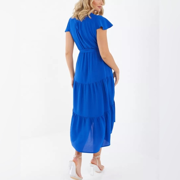 Quiz Crepe Maroon Tiered Wrap Dip Hem Dress Ruffle Cap Sleeve US 12 Whimsigoth - Picture 5 of 13